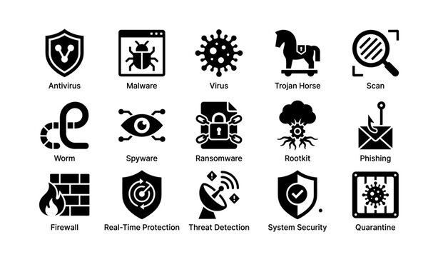Cybersecurity icons: antivirus, malware, virus detection, trojan protection, phishing prevention