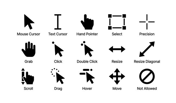 Set of mouse cursor icons for various computer actions