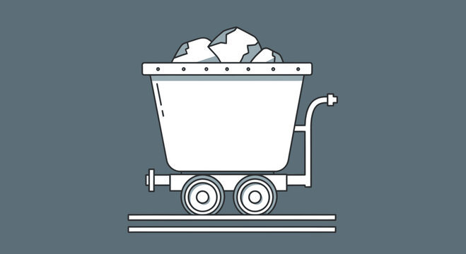 Mining cart filled with coal on tracks, industrial vector illustration