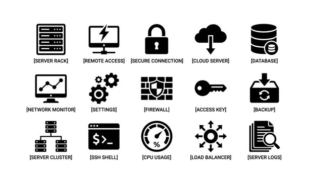 Network and server management icons: security, access, backup, monitoring, firewall