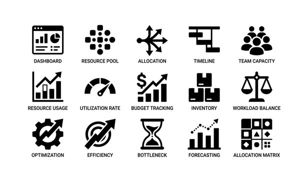 Business management icons: dashboard, resource pool, allocation, timeline, team capacity