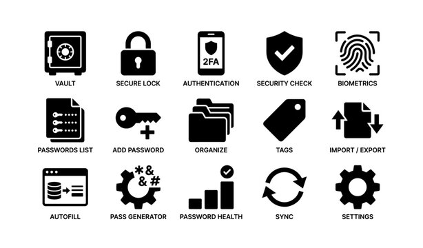 Authentication icons: vault, lock, biometrics, passwords, security check