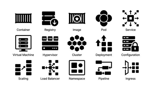 Set of black icons representing container services and cloud infrastructure concepts