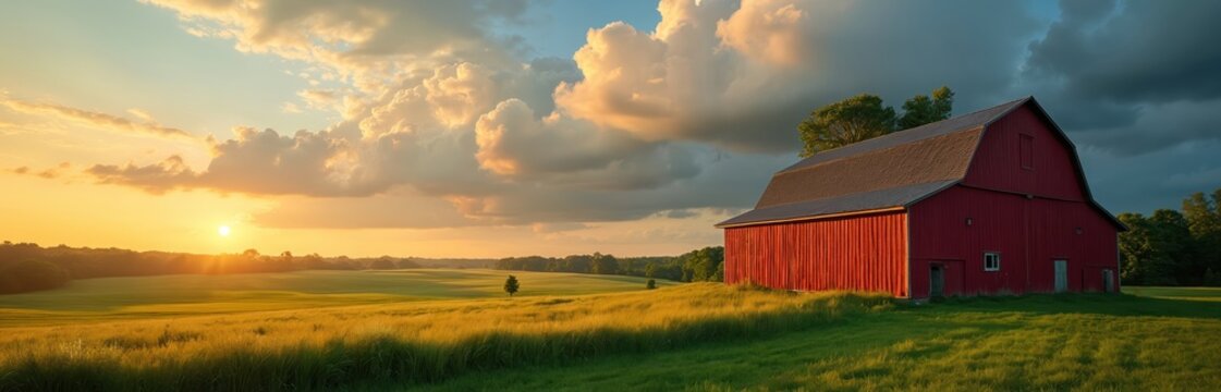 Red barn sits in a golden field at sunset. Clouds catch suns warm light over rolling hills and distant trees. Lush green grass surrounds the farm building. Peaceful countryside.