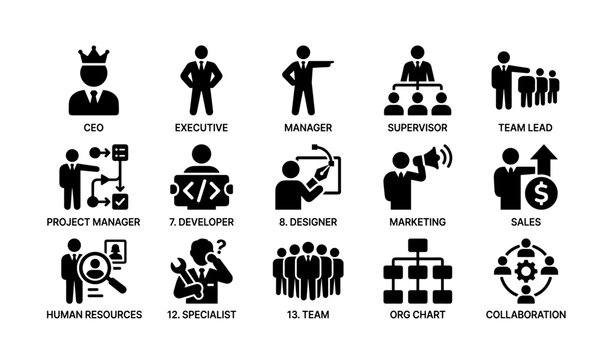 Business roles and leadership icons set with organizational structure