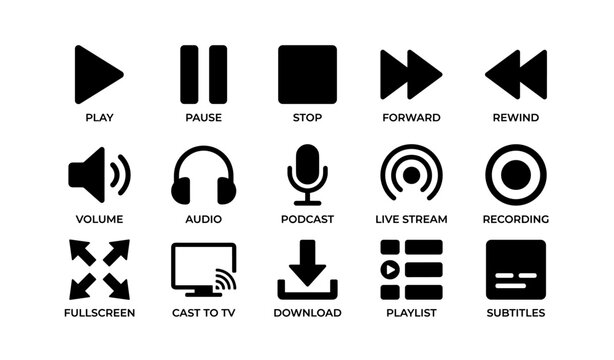 Play pause stop forward icons for media control and streaming interfaces