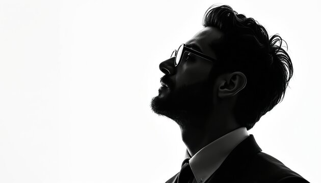 Black and white profile of man in suit looking up thoughtfully. Silhouette suggests contemplation or ambition. Modern professional, thinking about future.