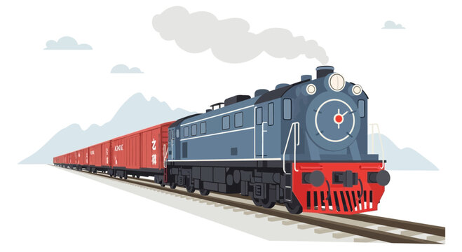 Vintage Blue Steam Locomotive pulling red freight train on tracks with mountains background
