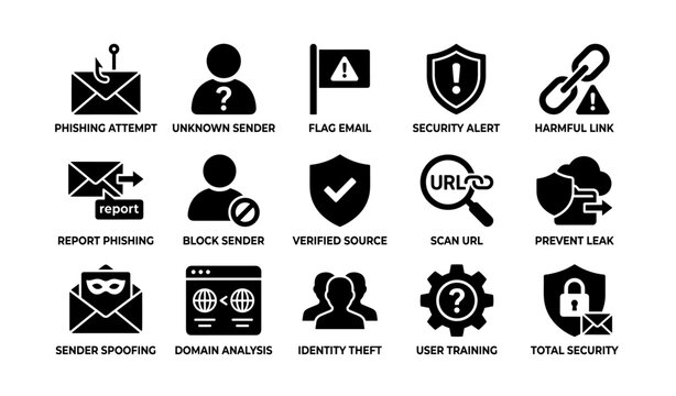Email security icons: phishing, unknown sender, security alert, url scan, identity protection