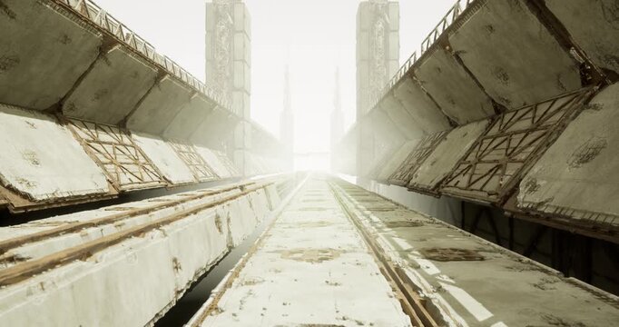 bright approach to distant skyline with construction scaffolding and heavy beams, surveyor mood with planned geometry, safety gear implication and sunlit grit