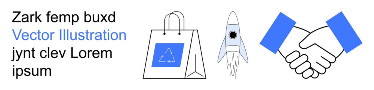 Business collaboration, online shopping, innovation, marketing, startups, partnerships. A paper bag, a rocket and a handshake in clean minimal icons. Business collaboration and innovation concept