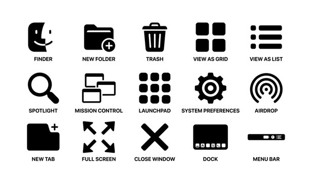 Set of black apple icons: finder, folder, trash, spotlight, launchpad, dock, menu