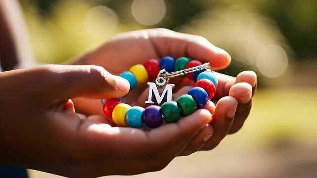 Delicate hands hold a charming, vibrant beaded bracelet with an initial M charm, making a thoughtful gesture perfect for unique Mother's Day Gifts or a beloved Kids Crafting Gift.