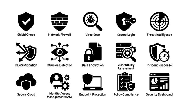 Network security icons: shield, firewall, encryption, threat detection, secure login