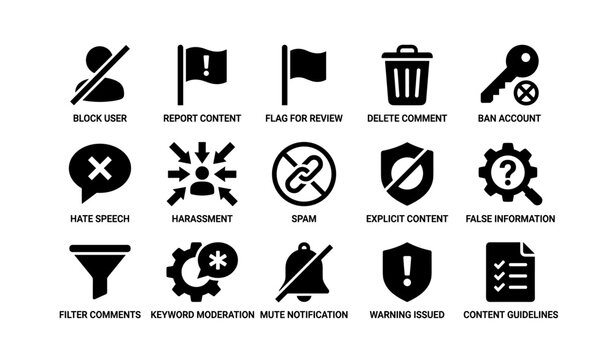 Social media moderation icons: user blocking, reporting, filtering, security alerts