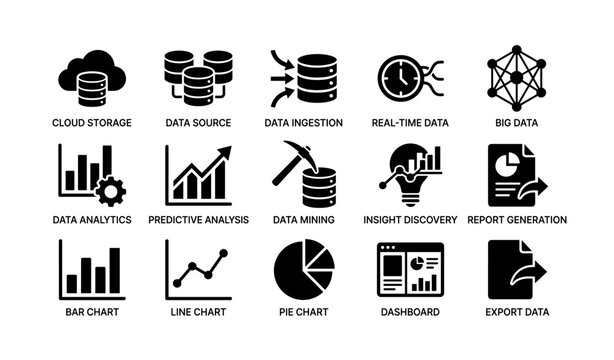 Data management icons featuring charts, analytics, and big data elements