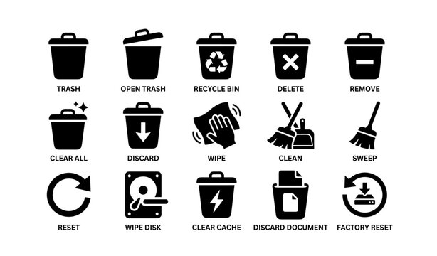 Trash and cleaning icons: recycle, delete, wipe, reset, factory reset, clear cache