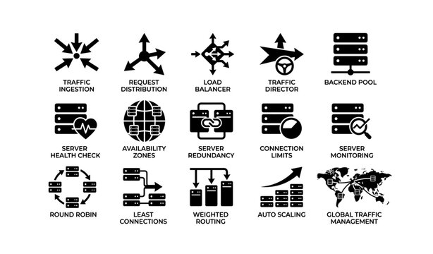 Cloud network architecture: load balancing and traffic management icons