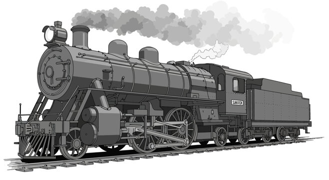 Vintage Steam Locomotive Train on Tracks, Emitting Smoke