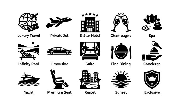 Luxury travel icons featuring private jet, 5-star hotel, yacht, champagne, spa