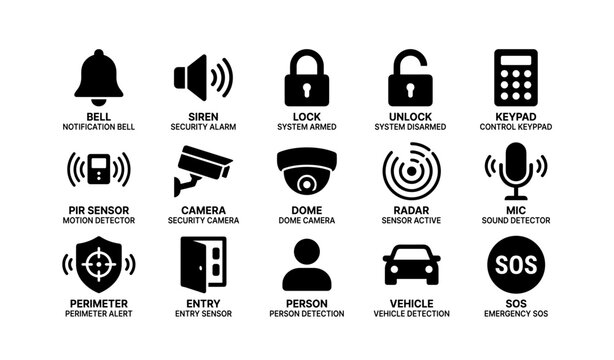 Icon set for security systems with alarms, cameras, and sensors