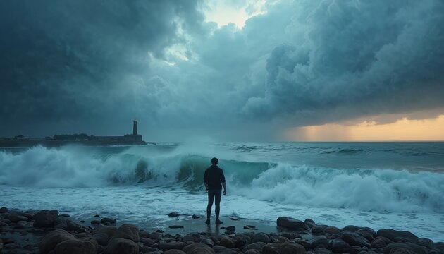Man stands on rocky shore watching massive ocean waves crash near lighthouse. Stormy clouds gather above dramatic sea and horizon, reflecting moody weather.