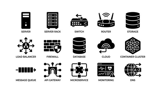 Icons of server, network, cloud, and security components