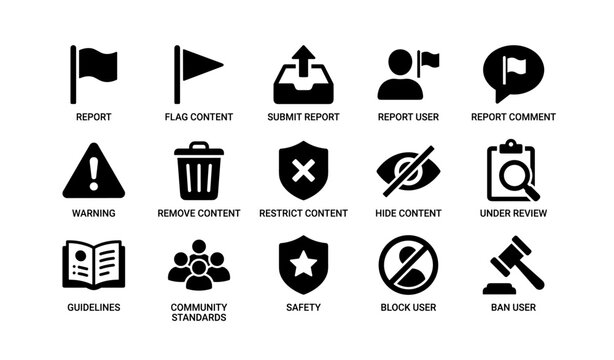 Content moderation icons set: report, warning, ban, safety, community