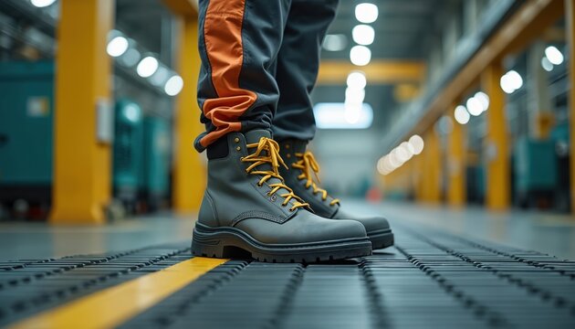Worker wears grey boots with yellow laces standing on industrial floor. Safety footwear provides protection, support. Heavy duty shoe for construction, factory work. Rugged sole ensures traction.
