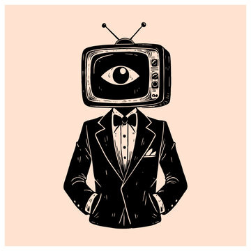 illustration of a man with a television head wearing a formal suit hand drawn vector