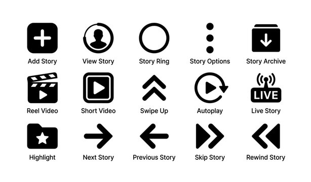 Social media story icons set with arrows, circles, and play symbols