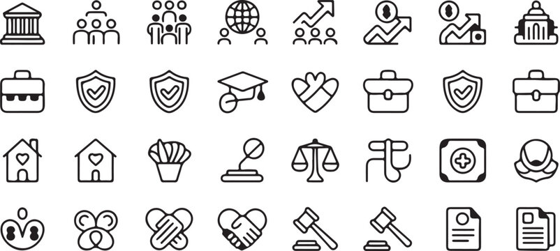 Minimal social policy thin line icons set, editable stroke vector for governance, community, rights, regulations, and civic engagement symbols