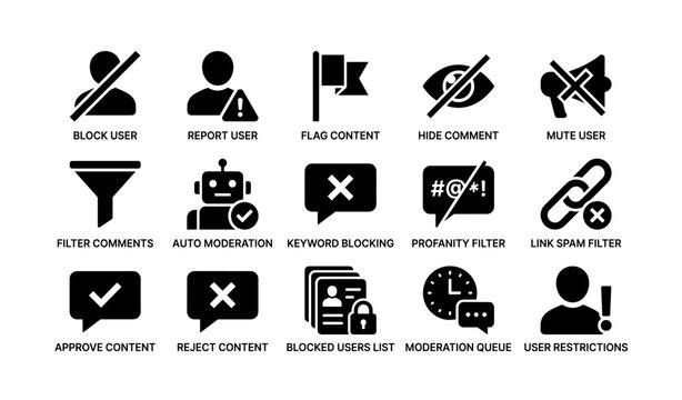Social media moderation tools and functions icon set
