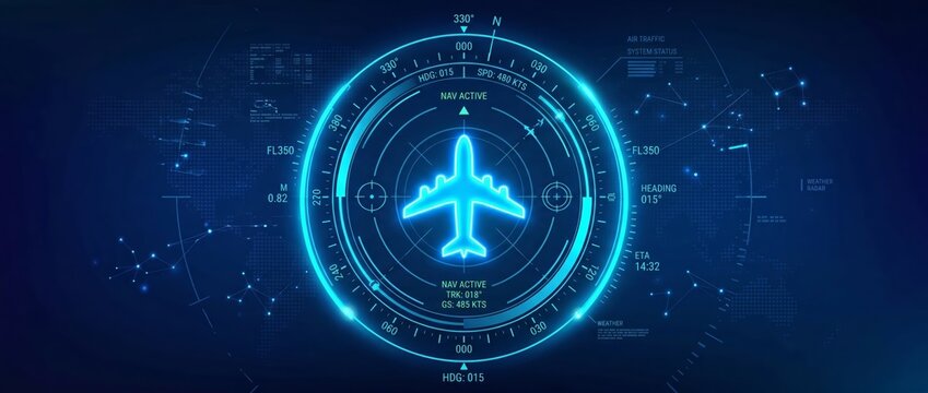 Futuristic neon-blue holographic aircraft HUD and radar interface displaying navigation overlays, flight telemetry, targeting rings and digital avionics data for tracking
