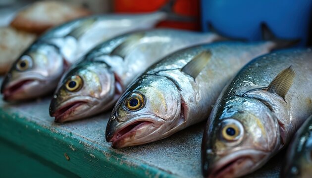Four fresh king mackerel fish lie on a market stall. These popular oily fish are a healthy food source. They are ready for cooking or retail sale at a shop.