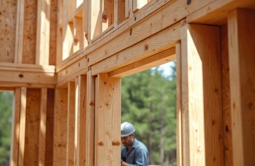 Fototapeta premium New house wood framing with structural timber beams and header support installed. Builder works on residential site construction. Wooden joists form walls ready for finishing.