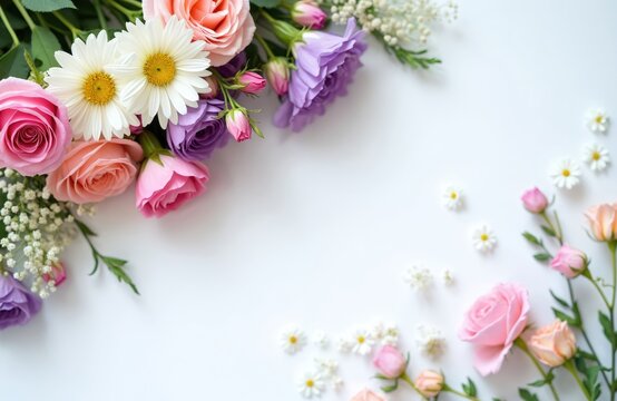 Assorted pastel roses daisies and purple flowers arranged on white background with copy space. Pink orange flowers with green leaves for card or invitation.