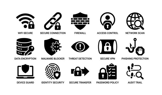 Cybersecurity icons: secure connection, firewall, data encryption, identity security, malware blocker
