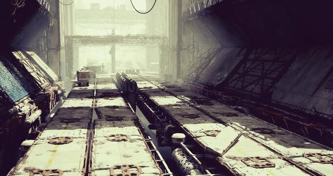misty approach to industrial hub with softened silhouettes and distant gantries, hazy sunlight creates cinematic backlight, empty transit lanes and scattered