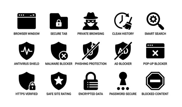 Internet security icons: shield, privacy, protection, ad blocker, encryption