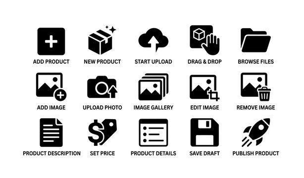 E-commerce interface icons for product management and file handling