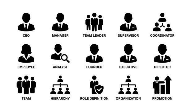 Business role icons collection featuring male and female silhouettes