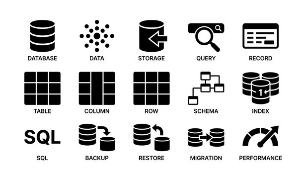 Database icons: storage, query, schema, sql, performance