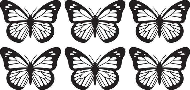 Minimalist butterfly vector silhouettes with smooth line consistency showcasing varied wing shapes for decorative and natural themed designs