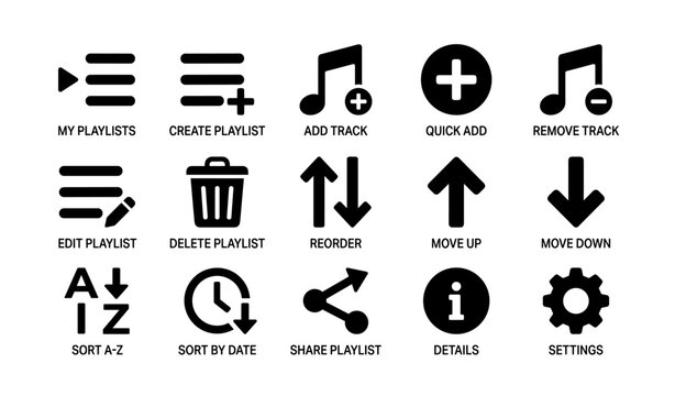 Music playlist management icons for app interface design