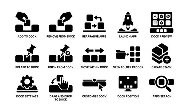 Icons illustrating app dock functionalities and controls