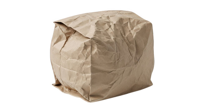 Brown paper bag tied with string resting on a flat surface isolated on transparent background