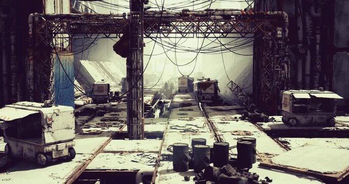 Sunlit cargo corridor with moving crates and distant workers implied, warm morning light highlights conveyor lines and stacked pallets, energetic scene of early