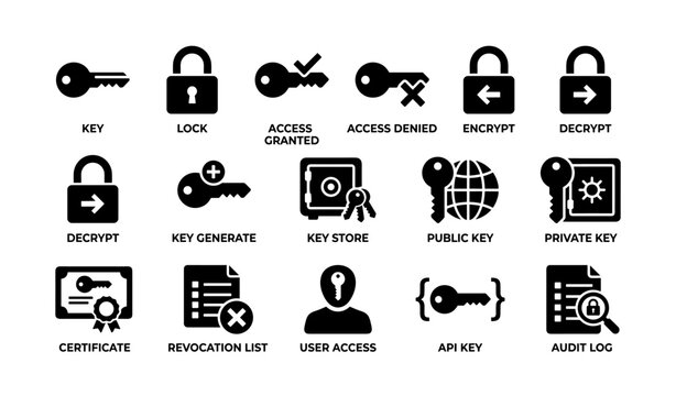 Cybersecurity icons set featuring keys and locks for data protection