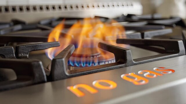 Close up of a gas stove burner with a blue flame and the words NO GAS visible.